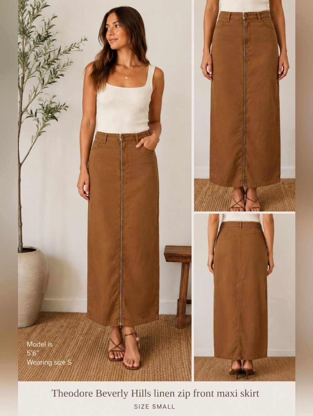 Y2K Theodore Beverly Hills Linen Maxi Skirt Small Camel Brown Minimalist Boho 90